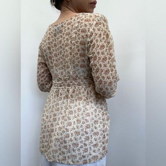Tess Studio 100% Silk Tan Floral Sheer Long Sleeve Sheer Boho Blouse Size S/M - Picture 4 of 14
